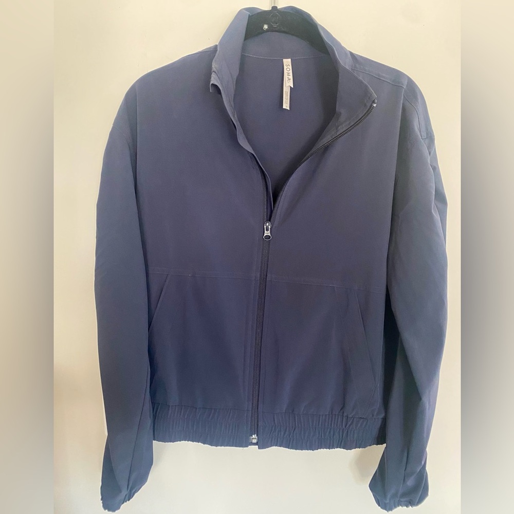 Soma tech knit bomber jacket in a pretty blue grey color.